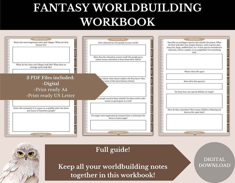 K&ouml;nnte beinhalten: Ein digitaler, druckbarer Arbeitsbuch f&uuml;r Fantasy-Weltbildung. Das Cover zeigt eine braune Eule mit gelben Augen und den Titel "Fantasy Worldbuilding Workbook". Das Arbeitsbuch enth&auml;lt Abschnitte f&uuml;r Hauptorte, das t&auml;gliche Leben und die Bewohner.