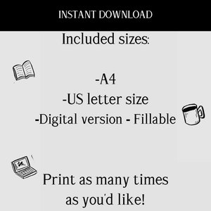 K&ouml;nnte beinhalten: Eine Schwarzwei&szlig;illustration eines Buches, einer Kaffeetasse und eines Laptops. Der Text "INSTANT DOWNLOAD" und "Included sizes: -A4 -US letter size -Digital version - Fillable" wird angezeigt. Der Text "Print as many times as you'd like!" wird ebenfalls angezeigt.