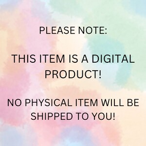 K&ouml;nnte beinhalten: Ein Hinweis auf ein digitales Produkt mit einem bunten Hintergrund. Der Text lautet: "PLEASE NOTE: THIS ITEM IS A DIGITAL PRODUCT! NO PHYSICAL ITEM WILL BE SHIPPED TO YOU!"