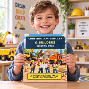 May include: A coloring book titled Construction Vehicles & Builders featuring a cover illustration of four construction workers in hard hats and safety vests at a building site with a yellow excavator and an orange dump truck, plus 25 pages.