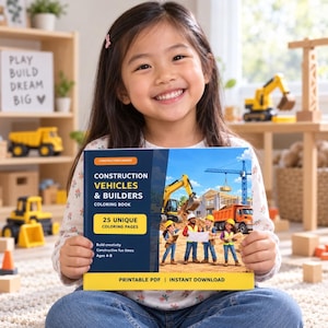 May include: A coloring book titled Construction Vehicles & Builders featuring 25 unique coloring pages. The cover displays a construction site with a yellow excavator, a blue crane, an orange dump truck, and four children wearing hard hats.