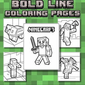 Könnte beinhalten: Eine Sammlung von Minecraft-Malvorlagen. Die Seiten zeigen fett gedruckte Strichzeichnungen von Charakteren und Szenen aus dem beliebten Videospiel. Der Text "BOLD LINE COLORING PAGES" steht oben. Das Minecraft-Logo ist sichtbar.