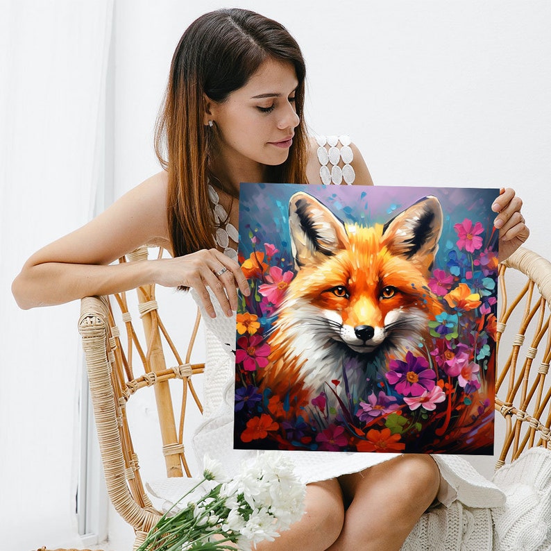 Puede incluir: Una pintura de un zorro rojo con un pecho blanco y una nariz negra, rodeado de flores coloridas. El zorro est&aacute; mirando directamente al espectador.