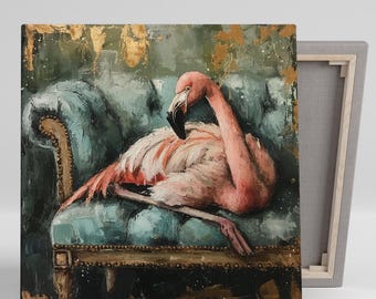 Flamingo Repose Wall Art, Canvas or Poster, Whimsical Glam Decor, Living Room Bedroom Office Dining Room Wall Art, Pink Teal Gold Green