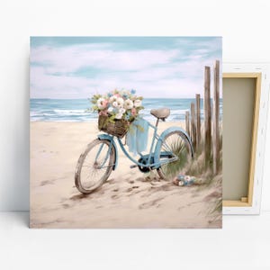 Beach Bicycle Blossom Art, Poster or Canvas, Impressionism Coastal Bohemian Decor, Living Room Bedroom Wall Art, Blue Beige Multicolor Teal