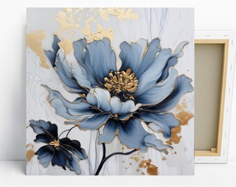 Golden Petal Bloom Art, Canvas or Poster, Contemporary Glam Decor, Living Room Bedroom Entryway Dining Room Art, Blue Gold White Multicolor