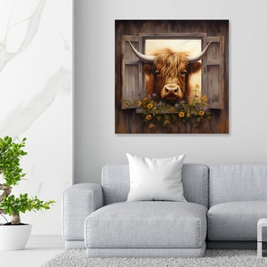 Highland Cow Window View Canvas Wall Art