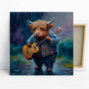 Highland Cow Guitarist Art, Poster or Canvas, Whimsical Bohemian Decor, Living Room Bedroom Game Room Wall Art, Blue Brown Multicolor Black