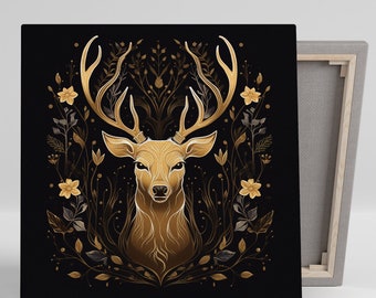Majestic Golden Stag Art, Canvas or Poster, Rustic Modern Decor, Living Room Bedroom Office Dining Room Wall Art, Gold Brown Black White