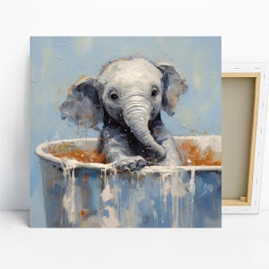 Elephant Art, Canvas or Poster, Whimsical Modern Bohemian Decor, Childrens Room Bedroom Living Room Nursery Wall Art, Blue White Grey Beige