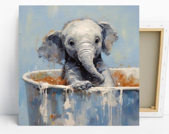 Elephant Art, Canvas or Poster, Whimsical Modern Bohemian Decor, Childrens Room Bedroom Living Room Nursery Wall Art, Blue White Grey Beige