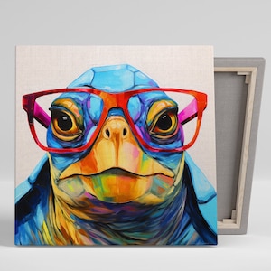Spectacled Sea Turtle Splash Art, Canvas or Poster, Whimsical Animal Decor, Living Room Office Children&#39;s Room Colorful Print, Turtle Decor