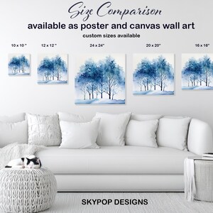 May include: A size comparison of blue watercolor tree art prints in various sizes, including 10 x 10 inches, 12 x 12 inches, 24 x 24 inches, 20 x 20 inches, and 16 x 16 inches. The prints are available as posters and canvas wall art. The text "SKYPOP DESIGNS" is at the bottom.
