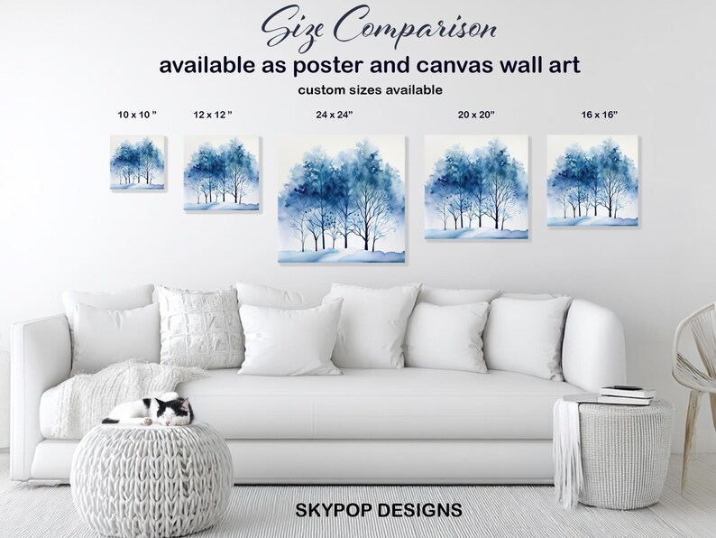 May include: A size comparison of blue watercolor tree art prints in various sizes, including 10 x 10 inches, 12 x 12 inches, 24 x 24 inches, 20 x 20 inches, and 16 x 16 inches. The prints are available as posters and canvas wall art. The text "SKYPOP DESIGNS" is at the bottom.