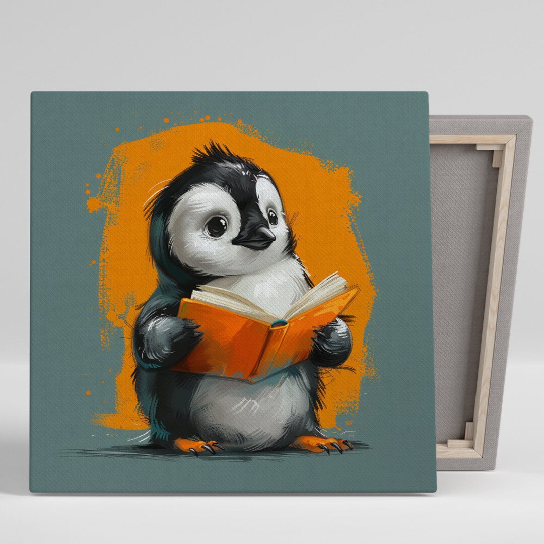 Penguin Bookworm Wall Art, Canvas or Poster, Whimsical Modern Decor ...