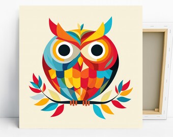Owl Art, Canvas or Poster, Contemporary Pop Whimsical Decor, Living Room Bedroom Office Children's Room Wall Art, Multicolor Yellow Blue Red