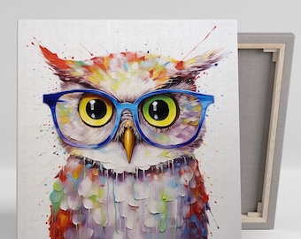 Owl Art, Canvas or Poster, Whimsical Animal Decor, Living Room Bedroom Office Children's Room Wall Art, Blue Yellow Multicolor Splatters