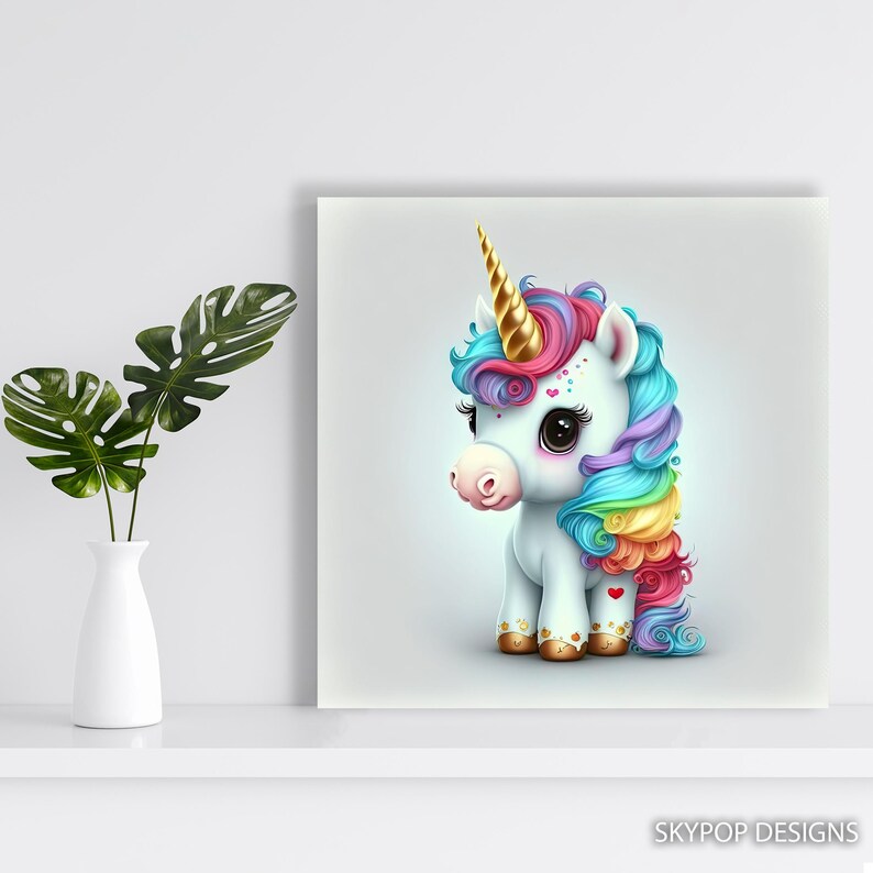 Arte de unicornio, lienzo o póster, decoración de píxeles caprichosa, arte de pared para habitación infantil, dormitorio, sala de juegos, guardería, multicolor, rosa, azul y dorado. imagen 6