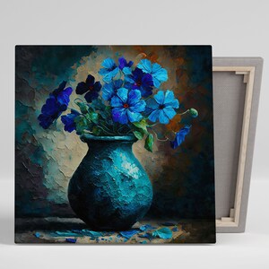 Flor azul, lienzo o póster, jarrón azul, florero, flores azules, flores artificiales, arte floral moderno, tapiz de flores