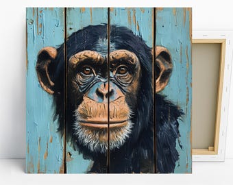 Chimpanzee Portrait Art, Canvas or Poster, Graffiti Rustic Decor, Living Room Office Bedroom Entryway Wall Art, Multicolor Brown Blue Black