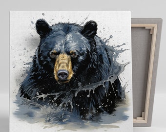 Bear Art, Canvas or Poster, Nature Rustic Decor, Living Room Office Bedroom Game Room Wall Art, Black Blue Brown White Wildlife Art Print