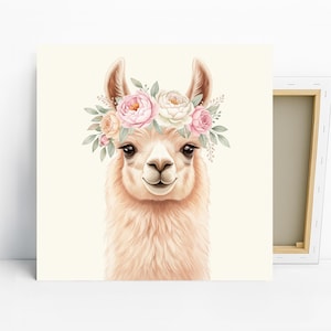 Arte de llamas, lienzo o póster, decoración rústica bohemia, arte de pared para habitación infantil, rosa, blanco, beige y verde.