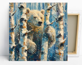 Bear Forest Art, Poster or Canvas, Rustic Farmhouse Decor, Living Room Bedroom Game Room Office Wall Art, Blue White Beige Brown, Animal Art