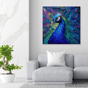 Peacock Art, Canvas or Poster, Modern Bohemian Decor, Living Room Bedroom Dining Room Entryway Wall Art, Blue Purple Green Multicolor image 5