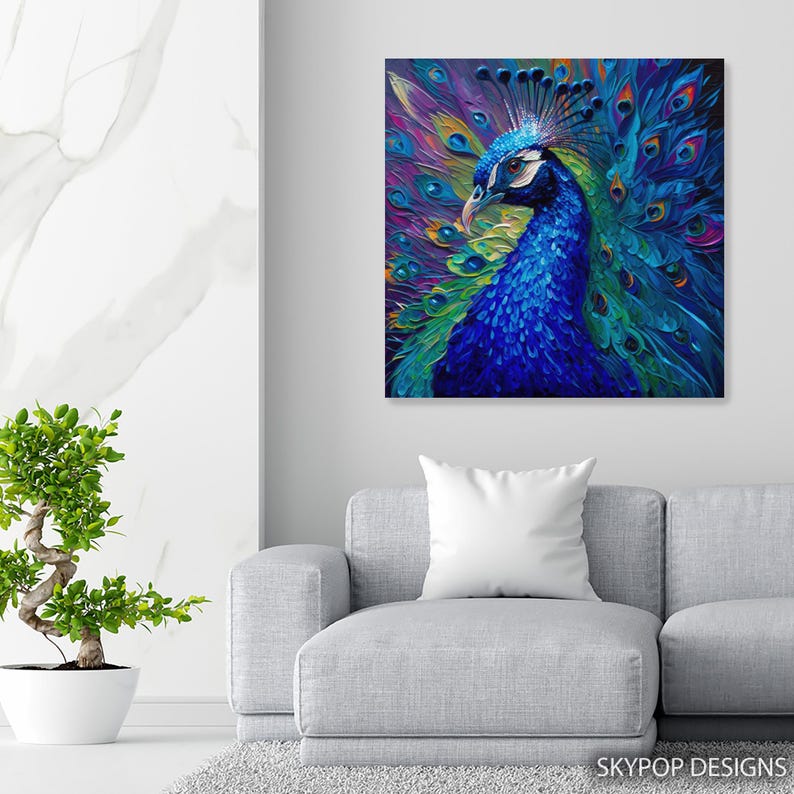 Peacock Art, Canvas or Poster, Modern Bohemian Decor, Living Room Bedroom Dining Room Entryway Wall Art, Blue Purple Green Multicolor image 5