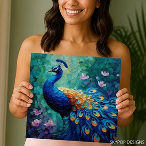 Peacock Art, Canvas or Poster, Bohemian Modern Decor, Living Room Bedroom Dining Room Entryway Wall Art, Blue Teal Gold, Bird Wall Art image 3
