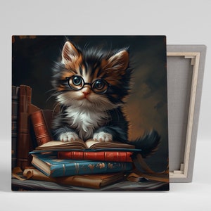 Arte de gatito estudioso, lienzo o póster, decoración de animales caprichosos, arte de pared para la sala de estar, la oficina, la biblioteca, el dormitorio de los niños, marrón, naranja, negro y blanco