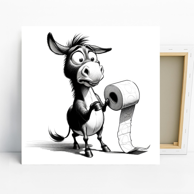 Donkey Toilet Paper Art, Poster or Canvas, Whimsical Graffiti Decor, Living Room Bedroom Bathroom Wall Art, Black and White Grey image 1