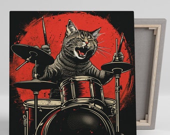 Rock 'n' Roll Feline Drummer Art, Canvas or Poster, Pop Whimsical Contemporary Decor, Living Room Game Room Office Wall Art Red Black White