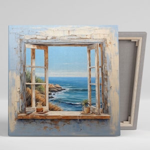 Ocean Window Wall Art, Canvas Or Poster, Window Frame Art, Living Room Decor, Landscape Art, Window Views, Vintage Windows, Unique Decor