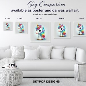 Arte de unicornio, lienzo o póster, decoración de píxeles caprichosa, arte de pared para habitación infantil, dormitorio, sala de juegos, guardería, multicolor, rosa, azul y dorado. imagen 8