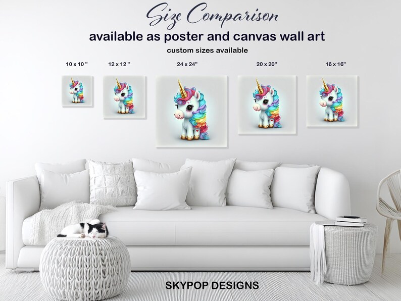Arte de unicornio, lienzo o póster, decoración de píxeles caprichosa, arte de pared para habitación infantil, dormitorio, sala de juegos, guardería, multicolor, rosa, azul y dorado. imagen 8