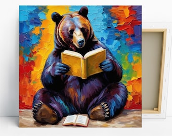 Bear Reading Book Art, Canvas or Poster, Whimsical Bohemian Decor, Living Room Office Library Wall Art, Multicolor Orange Blue Yellow