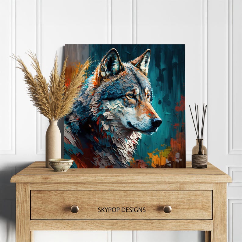 Wolf Art, Canvas or Poster, Abstract Modern Rustic Bohemian Decor, Living Room Bedroom Entryway Office Wall Art,Blue Multicolor Orange Brown image 6