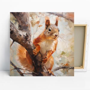 Squirrel Art, Canvas or Poster, Impressionism Nature Scandinavian Decor, Living Room Bedroom Office Wall Art, Brown Beige White Multicolor