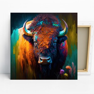 Bison Art, Canvas or Poster, Modern Bohemian Rustic Decor, Living Room Bedroom Office Entryway Wall Art, Multicolor Yellow Teal Maroon