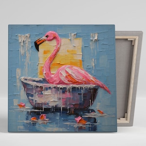 Flamingo In Bathtub, Canvas Or Poster, Pink Flamingo Wall Art, Animal Decor, Nursery Decor, Bathroom Wall Art, Bathroom Wall Decor