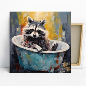 Raccoon Art, Canvas or Poster, Whimsical Modern Bohemian Decor, Living Room Bathroom Bedroom Kitchen Wall Art, Multicolor Teal Grey Yellow