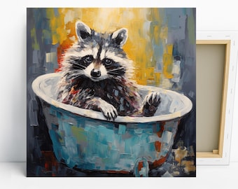 Raccoon Art, Canvas or Poster, Whimsical Modern Bohemian Decor, Living Room Bathroom Bedroom Kitchen Wall Art, Multicolor Teal Grey Yellow