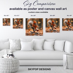 Squirrel Skateboarding Art, Canvas or Poster, Whimsical Bohemian Decor, Living Room Bedroom Office Art, Brown Orange Yellow Multicolor Art 画像 8