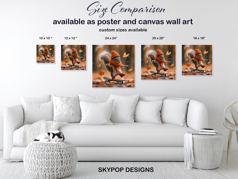 Squirrel Skateboarding Art, Canvas or Poster, Whimsical Bohemian Decor, Living Room Bedroom Office Art, Brown Orange Yellow Multicolor Art 画像 8