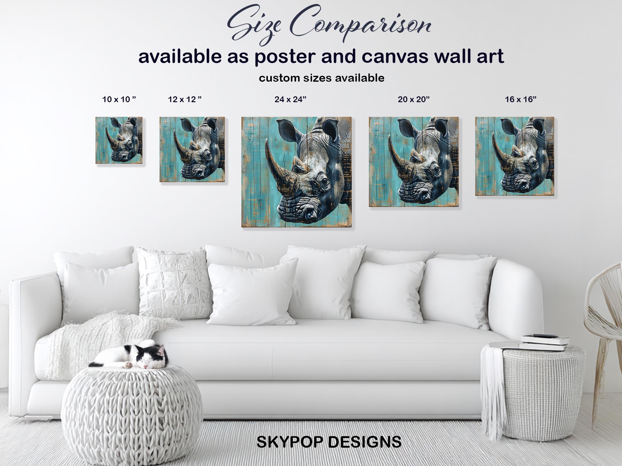 Rhino Art, Canvas or Poster, Graffiti Urban Rustic Decor, Living