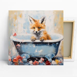 Fox Bath Time Art, Canvas or Poster, Whimsical Modern Bohemian Decor, Living Room Bedroom Bathroom Wall Art, Multicolor Blue Beige
