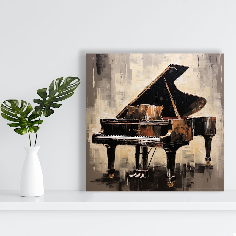 Op de afbeelding: Een schilderij van een zwarte vleugelpiano met de deksel open, tegen een achtergrond van gedempte beige en bruine tinten. De piano is realistisch afgebeeld, met zichtbare details zoals de toetsen, pedalen en de merknaam "P.  ARE." aan de zijkant.
