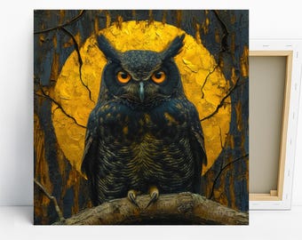 Owl Moon Art, Canvas or Poster, Rustic Bohemian Decor, Living Room Bedroom Office Wall Art, Black White Gold Brown, Nature Animal Print