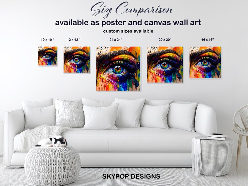 May include: A collection of colorful eye art prints in various sizes, including 10 x 10 inches, 12 x 12 inches, 16 x 16 inches, 20 x 20 inches, and 24 x 24 inches. The artwork is available as poster and canvas wall art. The text "Size Comparison" is at the top.